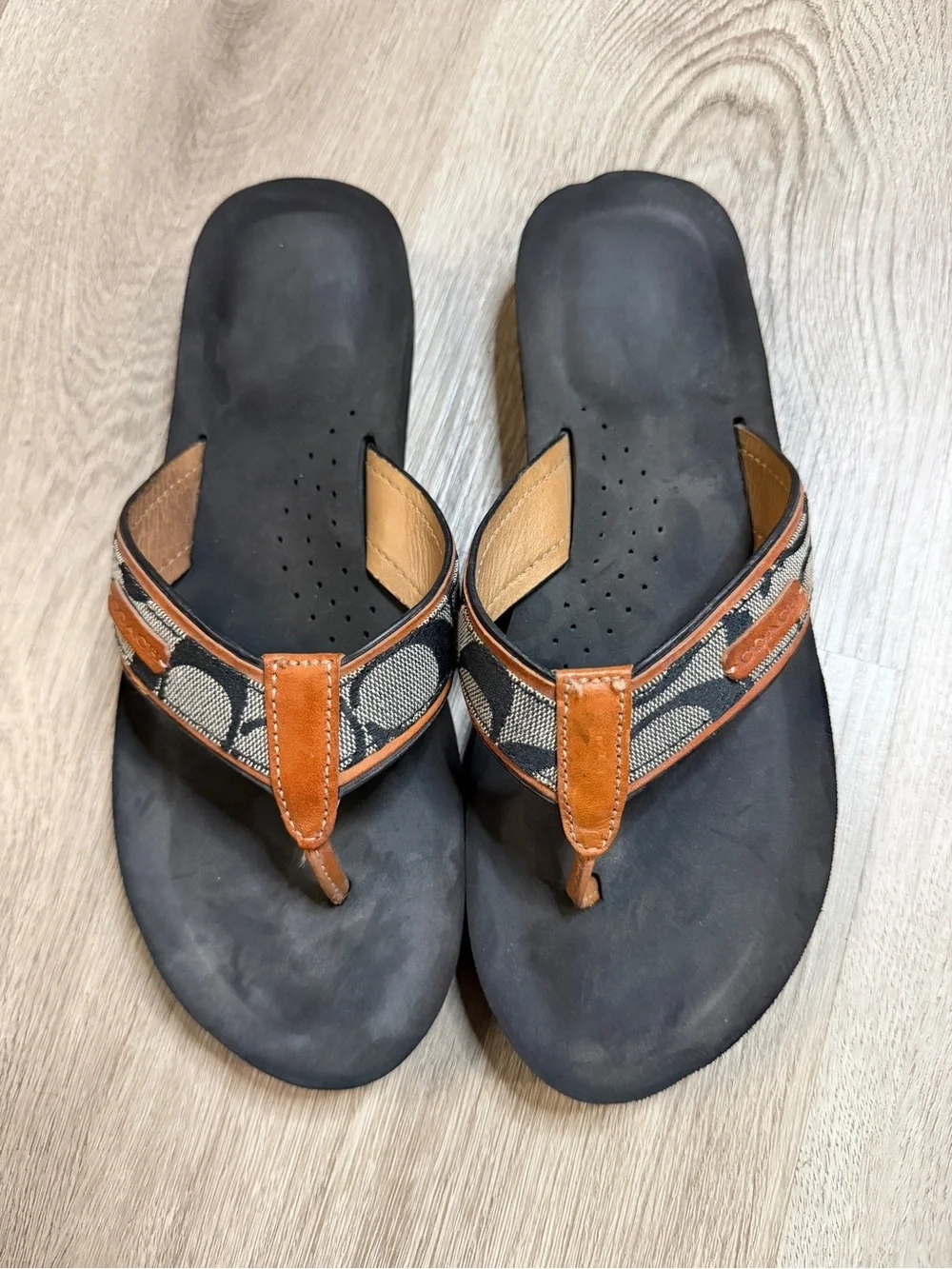 Coach Black Footbed Brown Leather-Trim Logo Strap Flip Flops